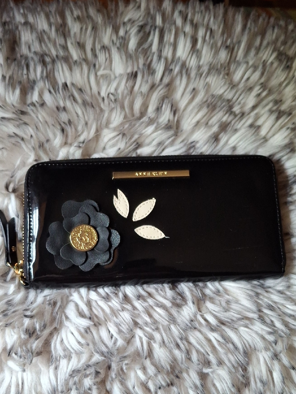 Anne Klein Black Patent Floral Zip Around Wallet with Gold Accents